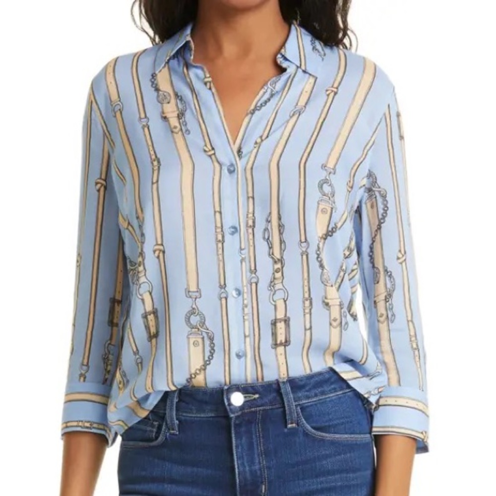 CAMILLE BELT PRINT BLOUSE IN BLUE MULTI, New